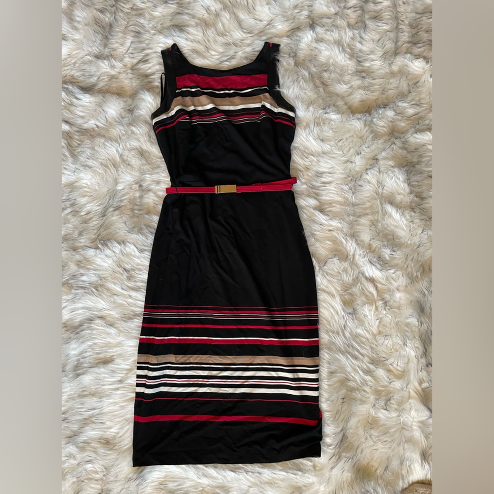 WHITE HOUSE BLACK MARKET white red and black striped adjustable belt midi dress